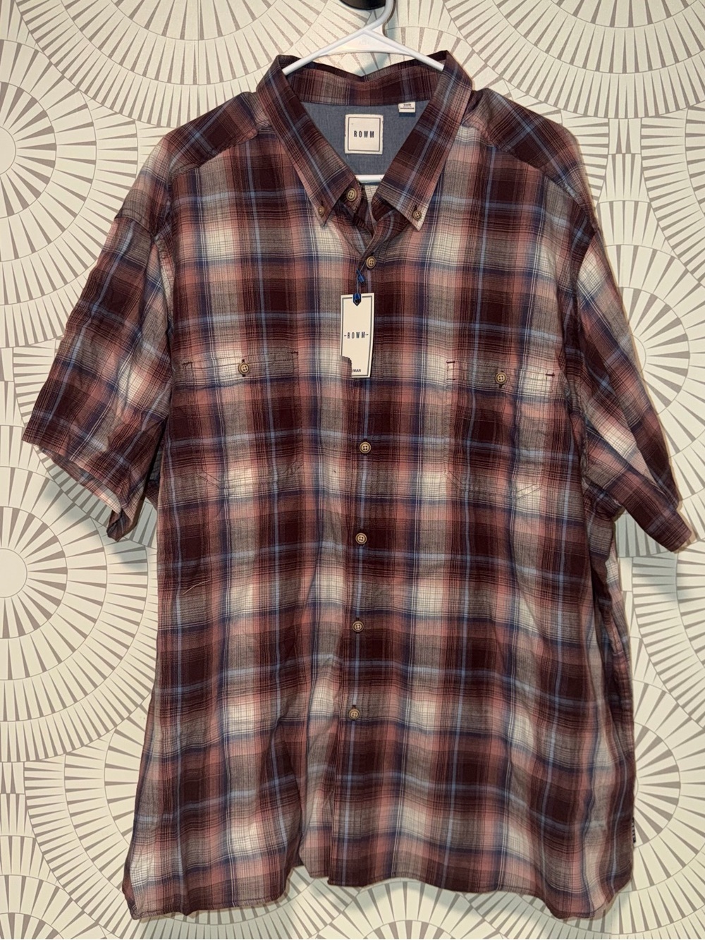 ROWM Men’s‎ NWT Short-Sleeve Plaid Button-Up Shirt - Burgundy/Blue 3XB